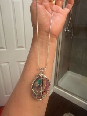 Handmade Iridescent Glass Pendant Necklace - Silver Wire Wrap - Multicolor